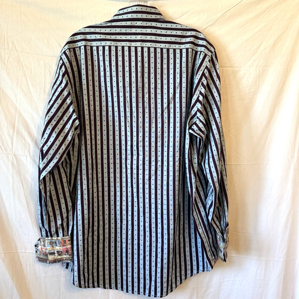 Robert Graham Button Down Shirt Mens Large Blue Brown Striped Contrast Cuff Dot - Picture 3 of 11